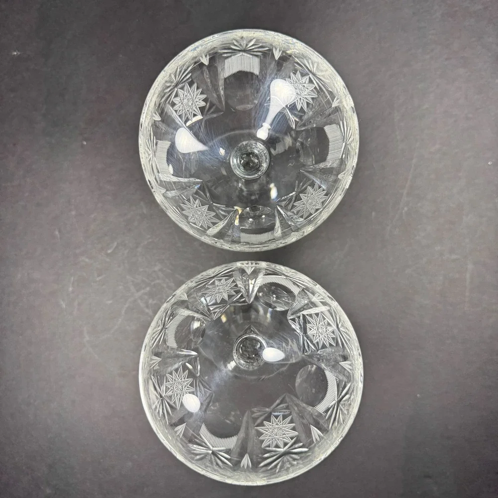 Champagne Coupe Glasses Clear Starburst Cut Pattern Vintage Style Set of 2
